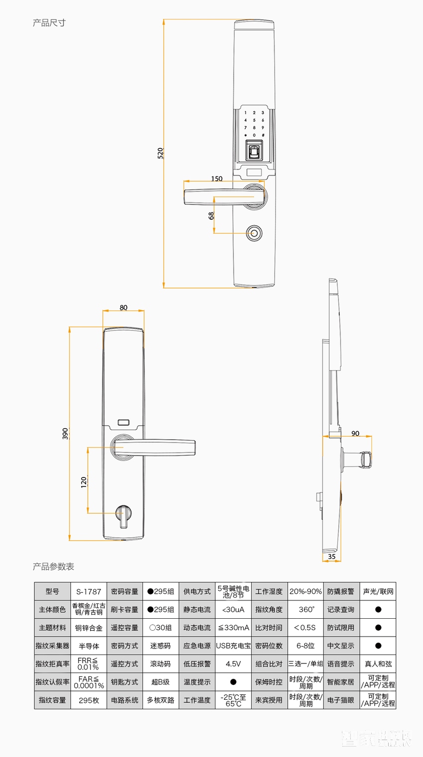 施肯洛克韵系列指纹锁/密码锁、滑盖、青古铜、锌合金面板S-1787